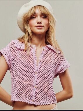 Free People Lily Crochet Top Embroidered Buttonddown Candy Lilac Cropped XL NEW